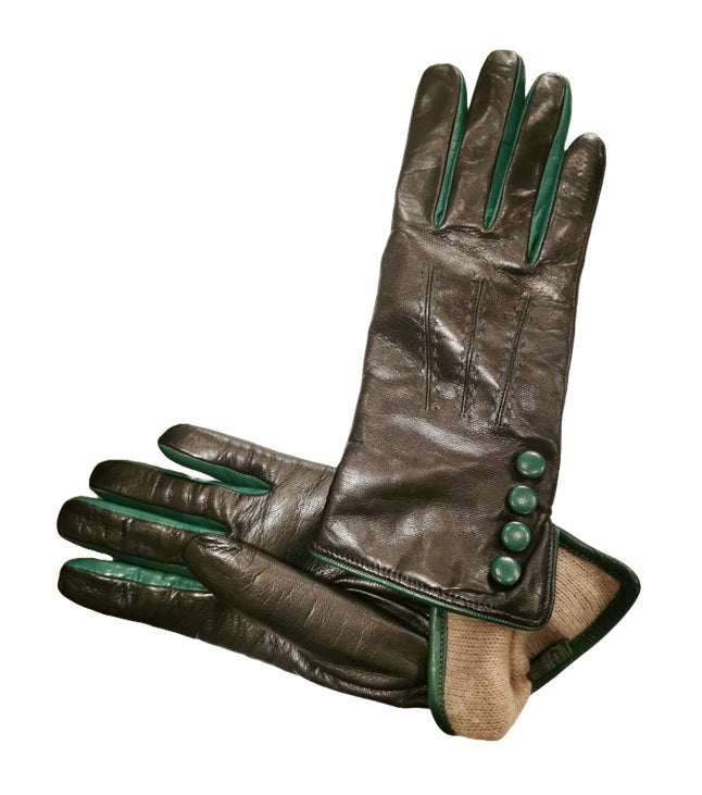 Women's leather gloves with side buttons Pelletteria Allegrini Filippo G5534 Black/Green