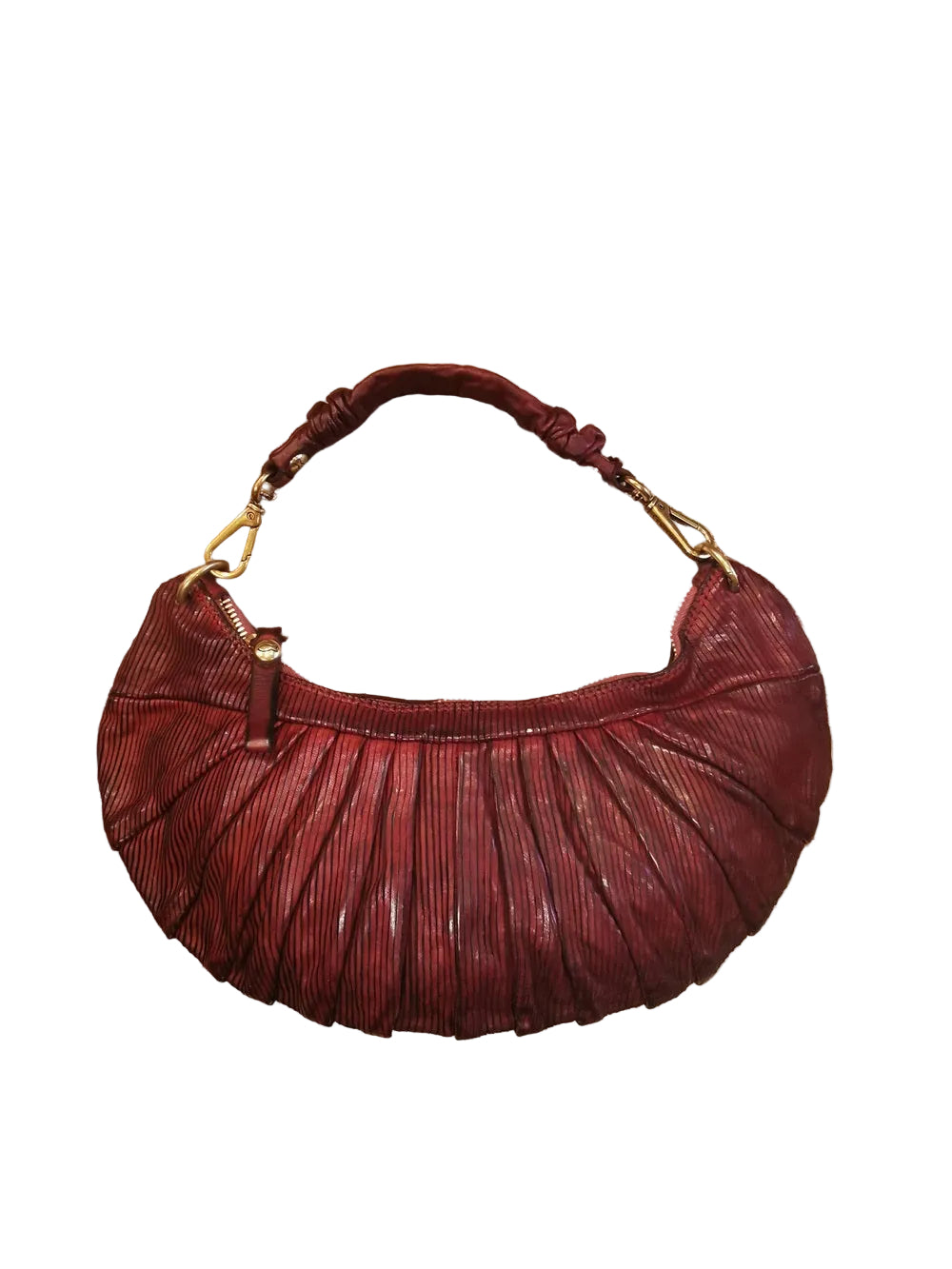 Borsa a forma di mezza luna, con una tracolla lunga e regolabile, e una piccola, entrambe staccabili e intercambiabili. Made in Italy