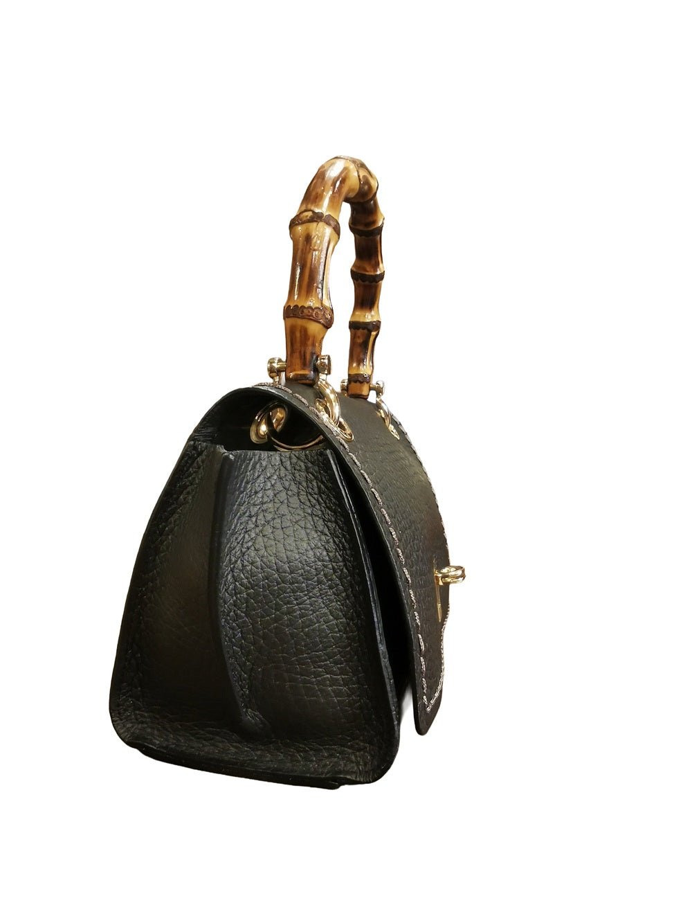 Borsa in pelle con manico bamboo Visonà 20149 nero - Pelletteria Allegrini