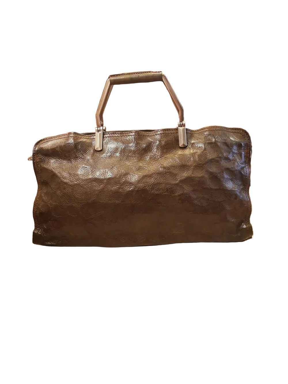 Borsa in pelle con effetto coccodrillo, con doppie maniche fisse in acciaio e tracolla regolabile e staccabile. Made in Italy