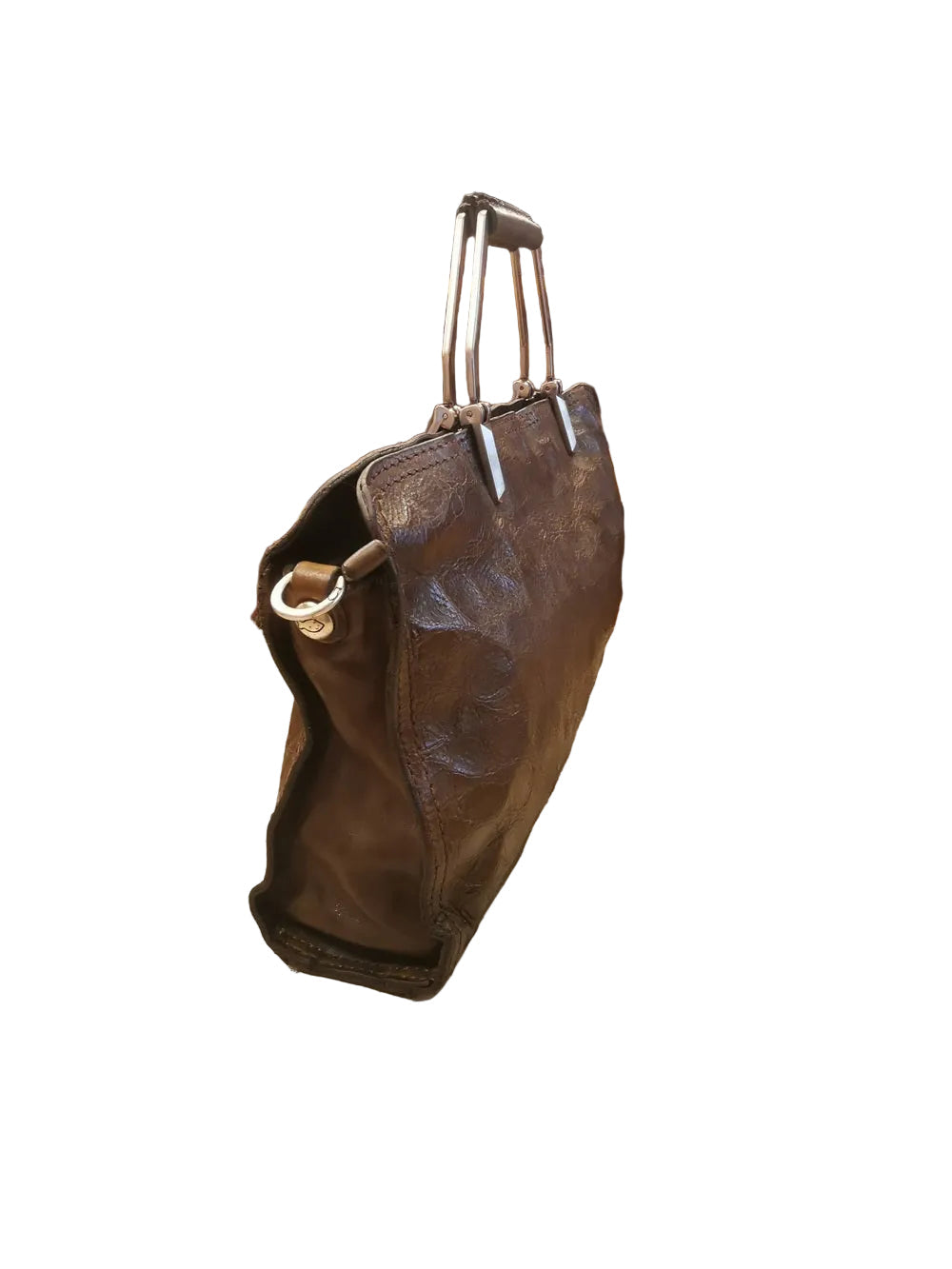 Borsa in pelle con effetto coccodrillo, con doppie maniche fisse in acciaio e tracolla regolabile e staccabile. Made in Italy