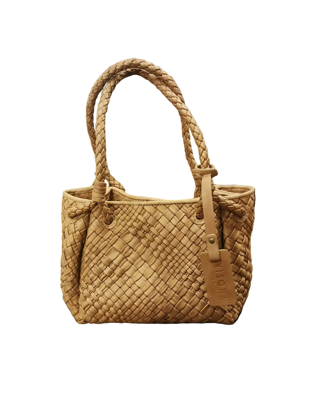 Borsa piccola, in pelle, realizzata con il classico intreccio di Visonà. Con doppie maniglie e tracolla staccabile e regolabile. Made in Italy