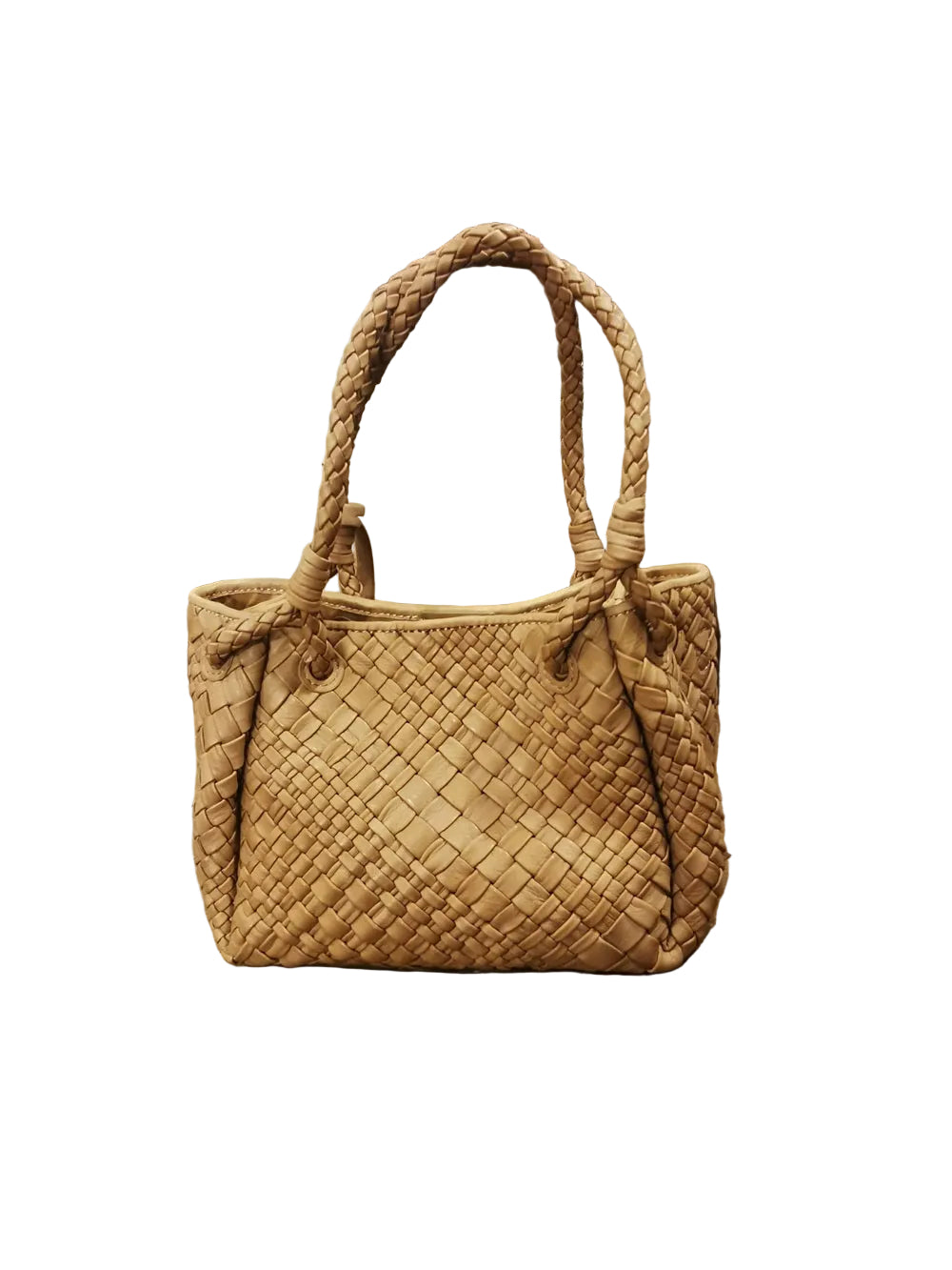 Borsa piccola, in pelle, realizzata con il classico intreccio di Visonà. Con doppie maniglie e tracolla staccabile e regolabile. Made in Italy