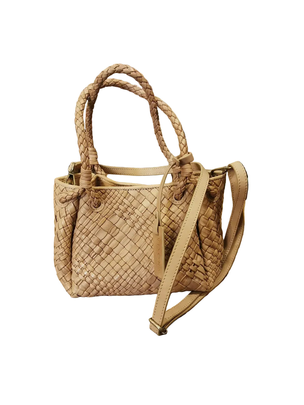 Borsa piccola, in pelle, realizzata con il classico intreccio di Visonà. Con doppie maniglie e tracolla staccabile e regolabile. Made in Italy