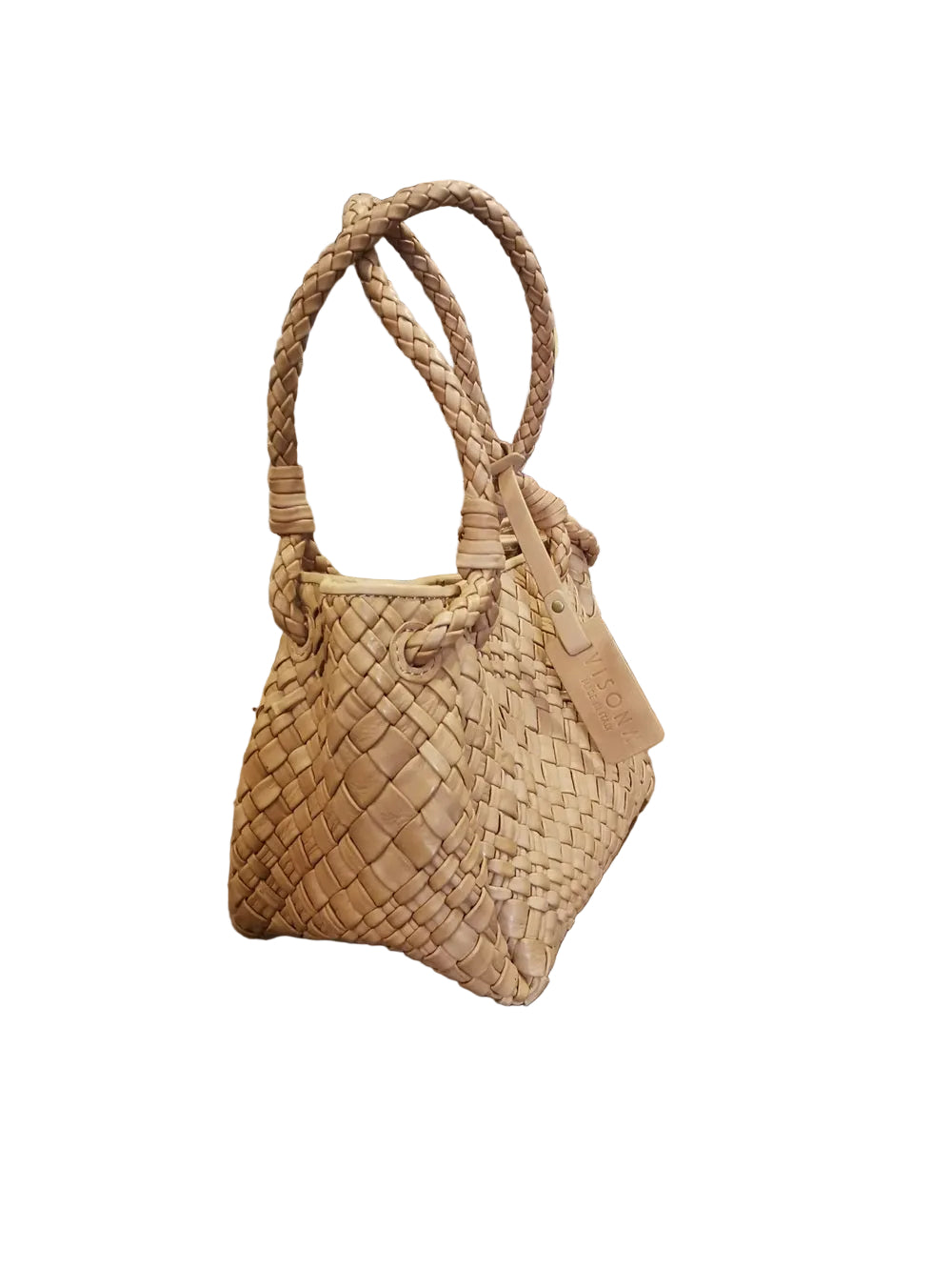 Borsa piccola, in pelle, realizzata con il classico intreccio di Visonà. Con doppie maniglie e tracolla staccabile e regolabile. Made in Italy