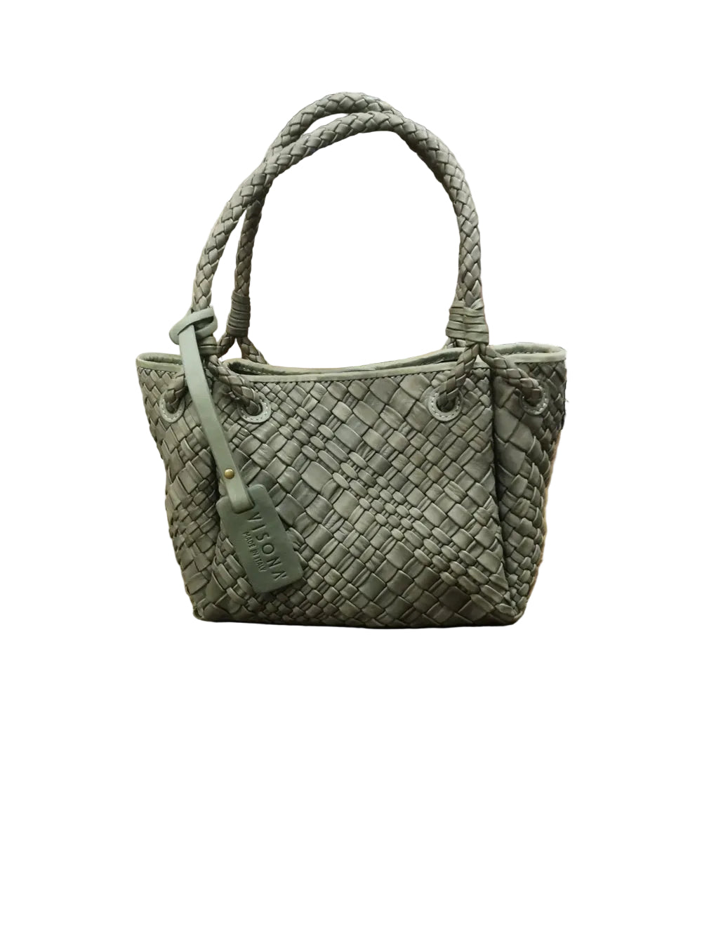 Borsa piccola, in pelle, realizzata con il classico intreccio di Visonà. Con doppie maniglie e tracolla staccabile e regolabile. Made in Italy