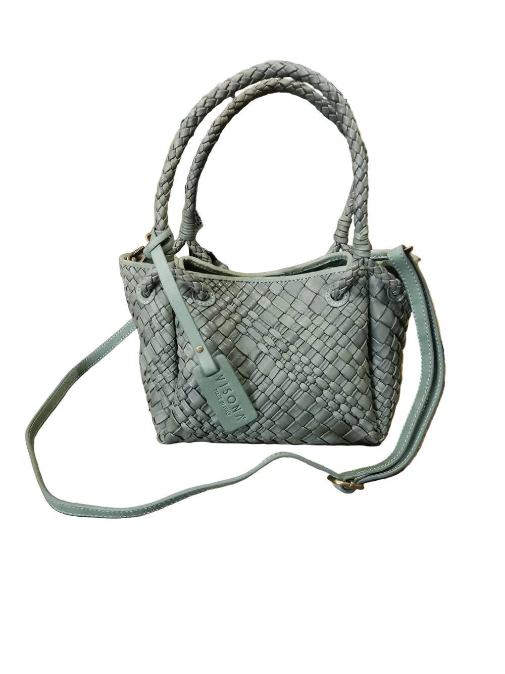 Borsa piccola, in pelle, realizzata con il classico intreccio di Visonà. Con doppie maniglie e tracolla staccabile e regolabile. Made in Italy