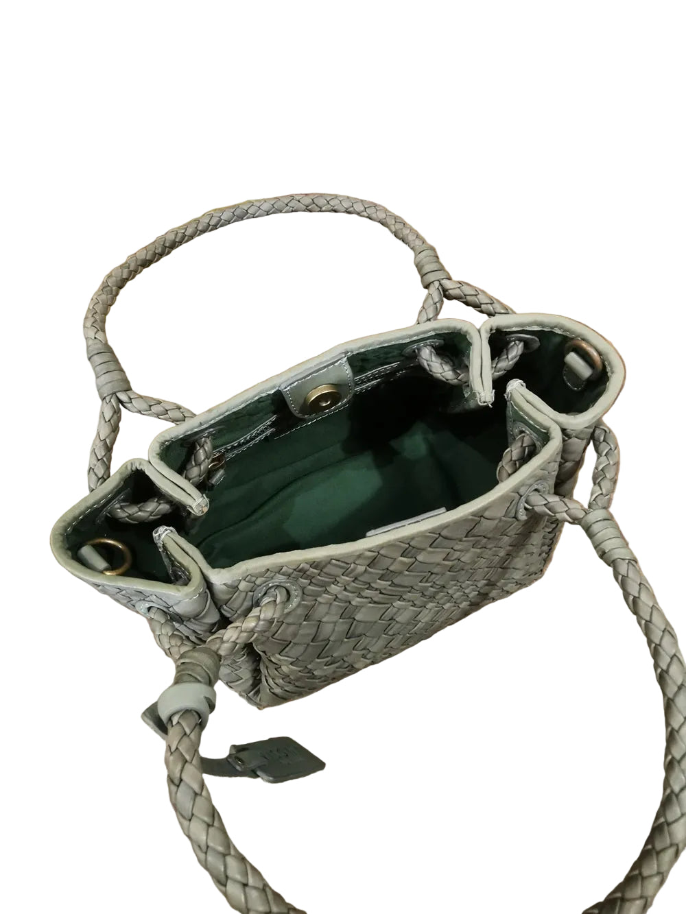Borsa piccola, in pelle, realizzata con il classico intreccio di Visonà. Con doppie maniglie e tracolla staccabile e regolabile. Made in Italy