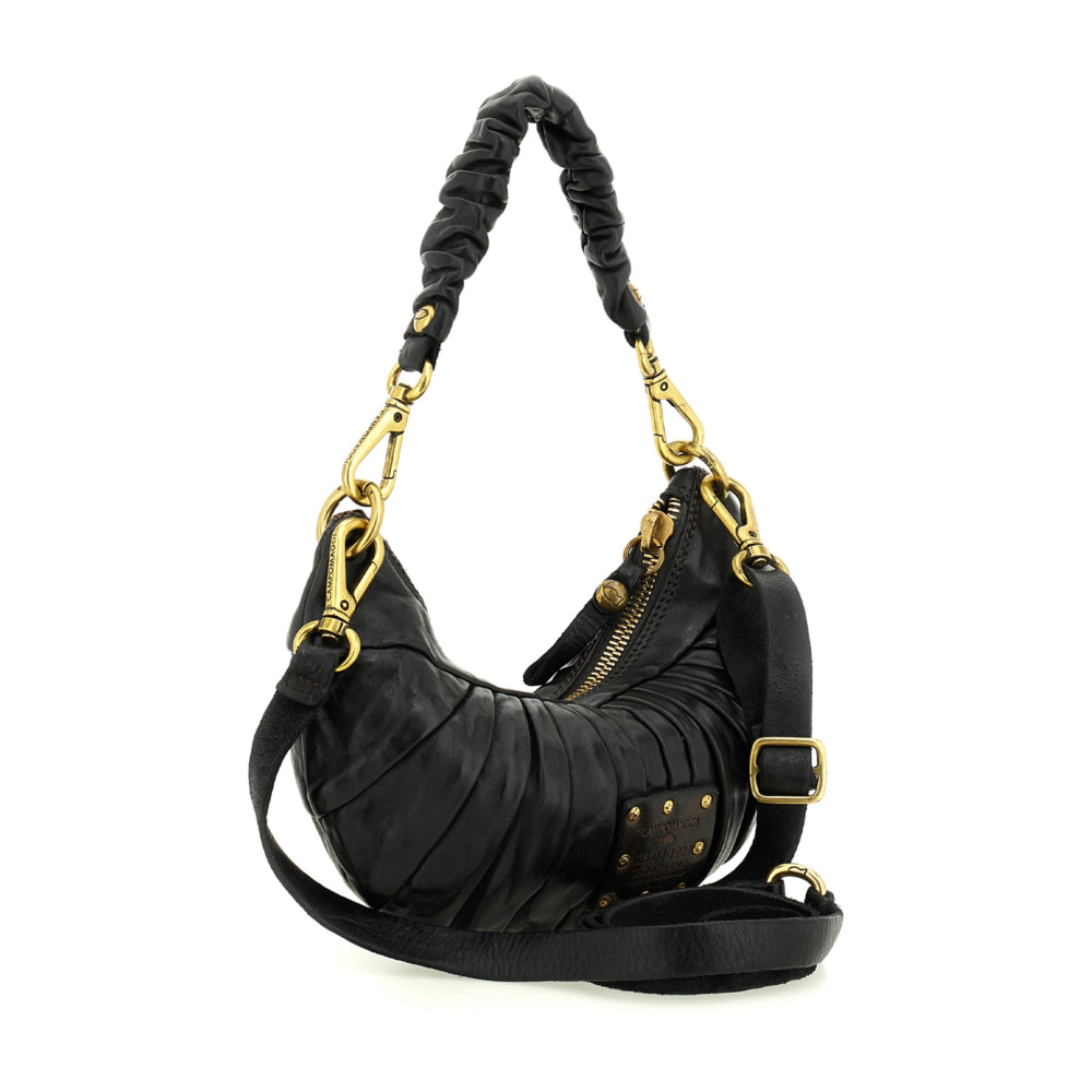 Borsa piccola a forma di luna, con doppia tracolla, una piccola e una lunga regolabile. Made in Italy