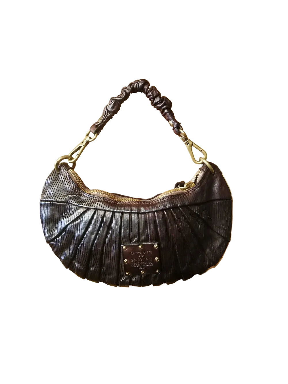 Borsa piccola a forma di luna, con doppia tracolla, una piccola e una lunga regolabile. Made in Italy