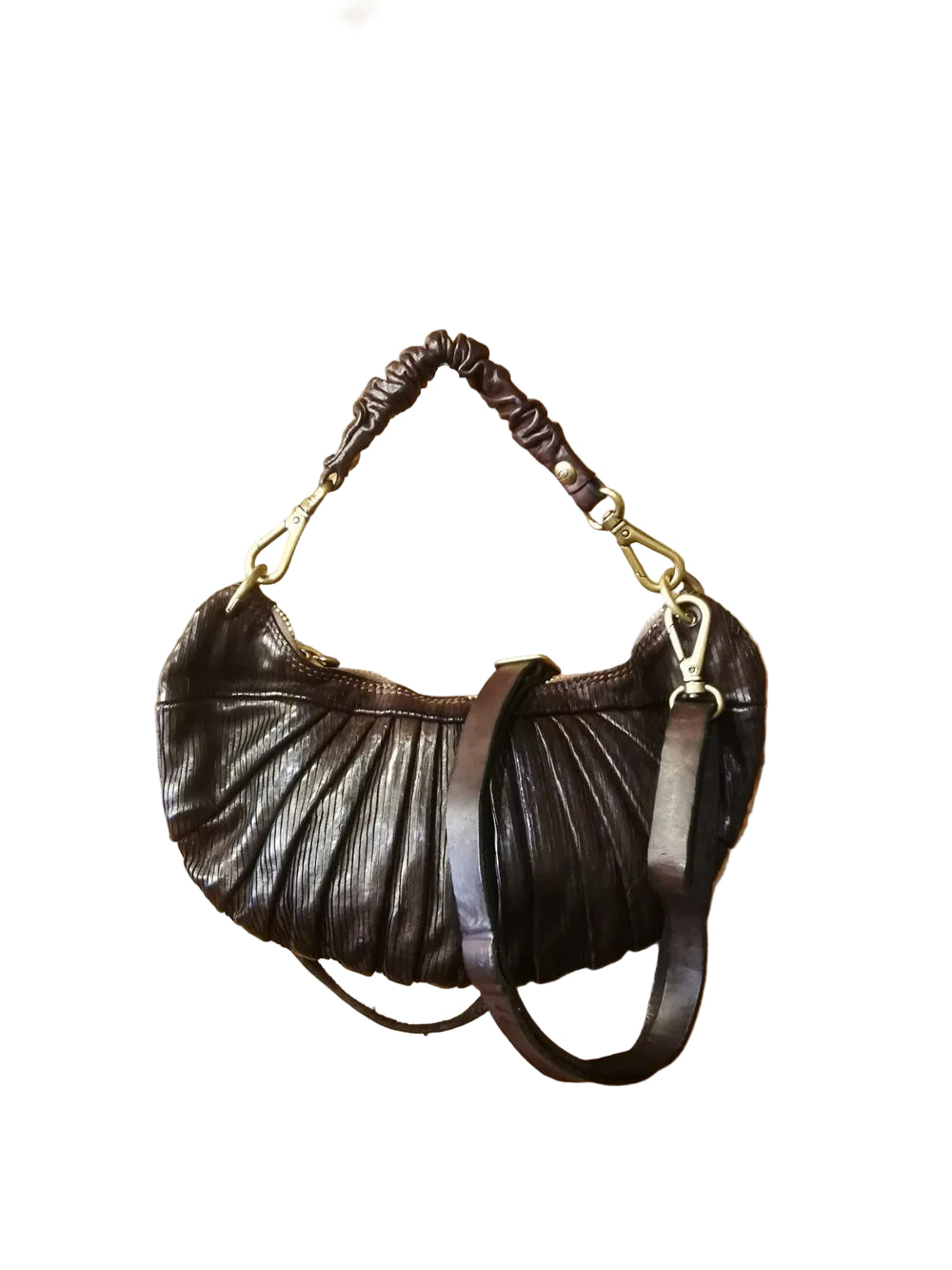 Borsa piccola a forma di luna, con doppia tracolla, una piccola e una lunga regolabile. Made in Italy