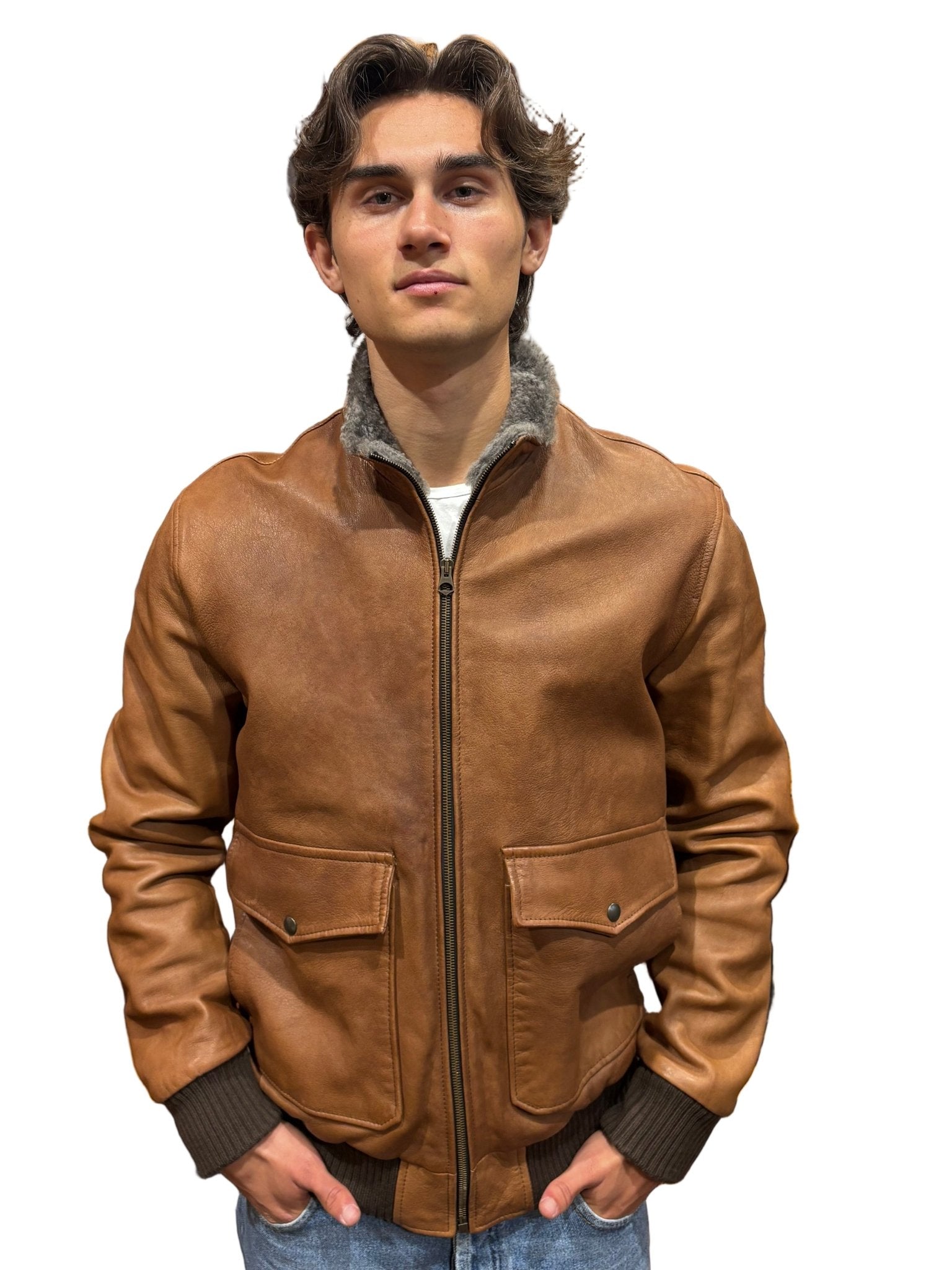 Giacca in pelle con collo in pelo Pelletteria Allegrini Filippo BENTIVOGLIO Cuoio - Pelletteria Allegrini