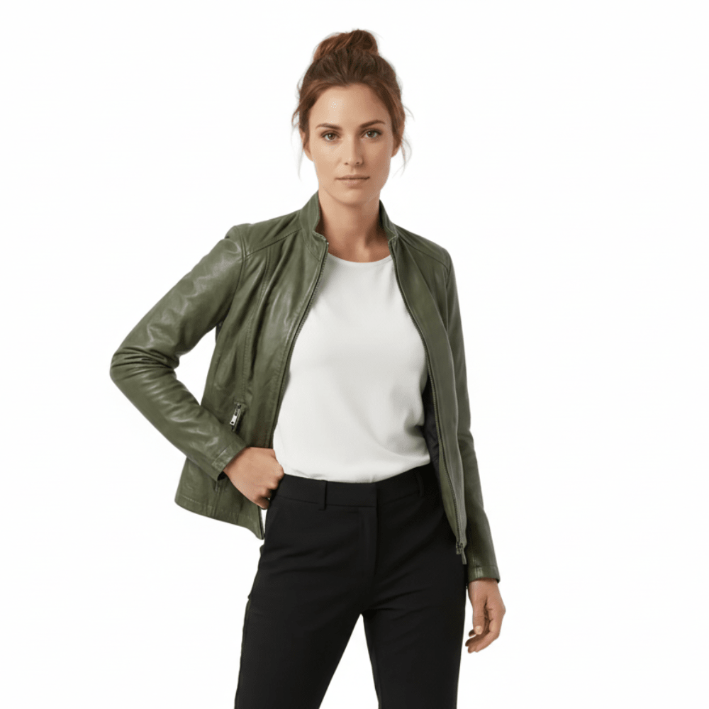 Giacca in pelle donna tamponata a mano Pelletteria Allegrini Filippo CLAUDIA Verde militare - Pelletteria Allegrini