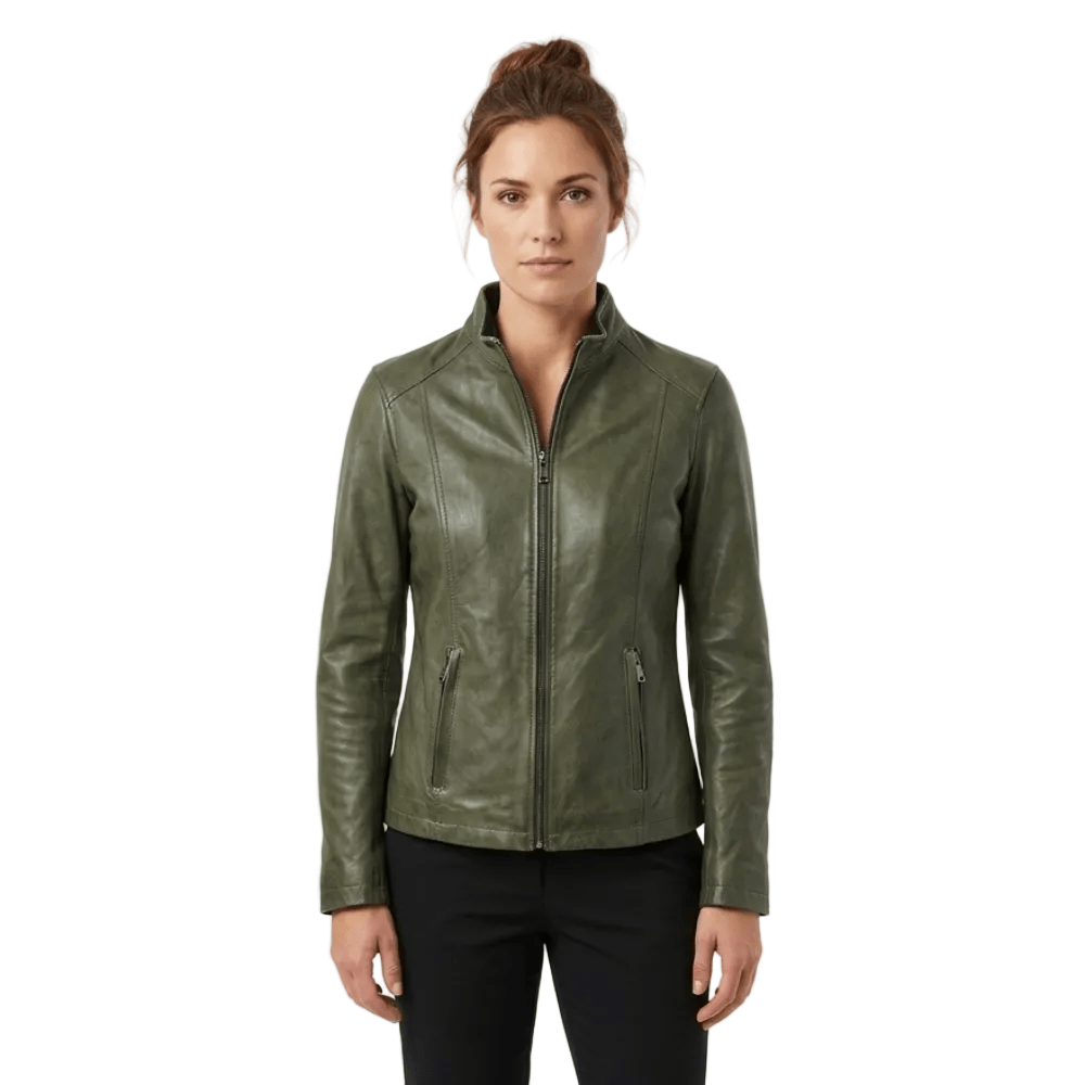 Giacca in pelle donna tamponata a mano Pelletteria Allegrini Filippo CLAUDIA Verde militare - Pelletteria Allegrini