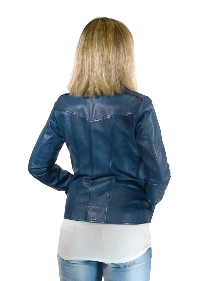 Giacca in pelle donna tamponata a mano Pelletteria Allegrini Filippo GREASE Tuscany Bluette - Pelletteria Allegrini