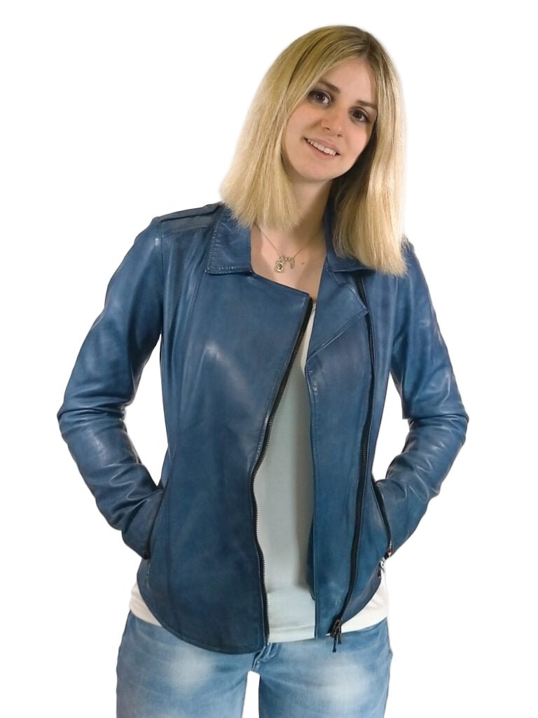 Giacca in pelle donna tamponata a mano Pelletteria Allegrini Filippo GREASE Tuscany Bluette - Pelletteria Allegrini