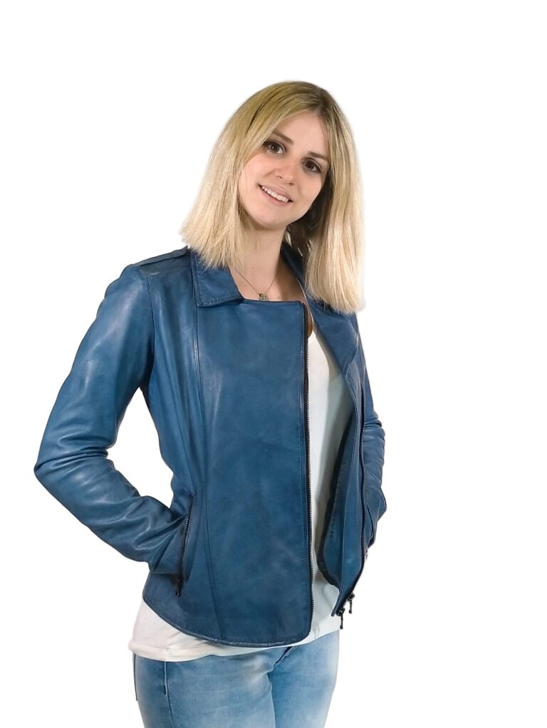 Giacca in pelle donna tamponata a mano Pelletteria Allegrini Filippo GREASE Tuscany Bluette - Pelletteria Allegrini