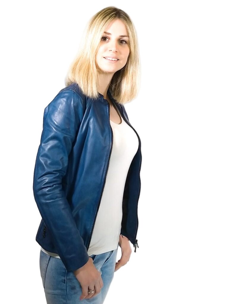 Giacca in pelle donna tamponata a mano Pelletteria Allegrini Filippo ROMANA tuscany Bluette - Pelletteria Allegrini