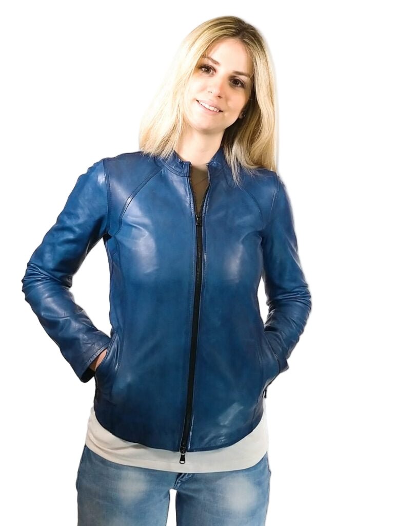 Giacca in pelle donna tamponata a mano Pelletteria Allegrini Filippo ROMANA tuscany Bluette - Pelletteria Allegrini