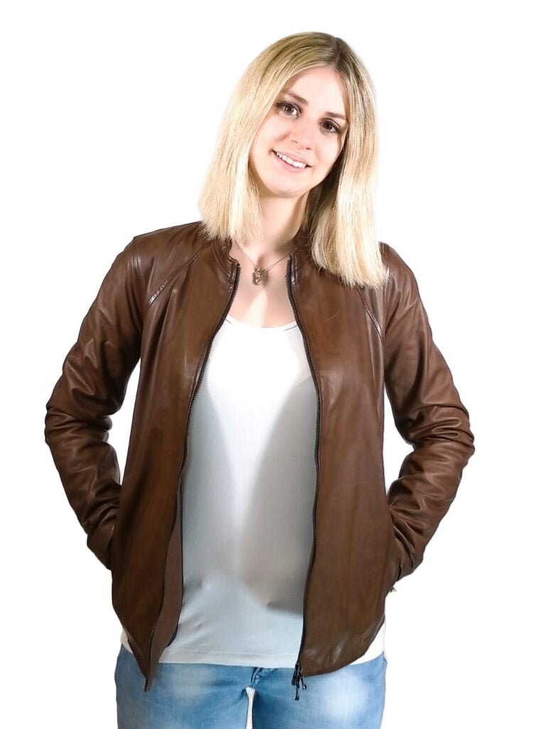 Giacca in pelle donna tamponata a mano Pelletteria Allegrini Filippo ROMANA tuscany Testa di moro - Pelletteria Allegrini