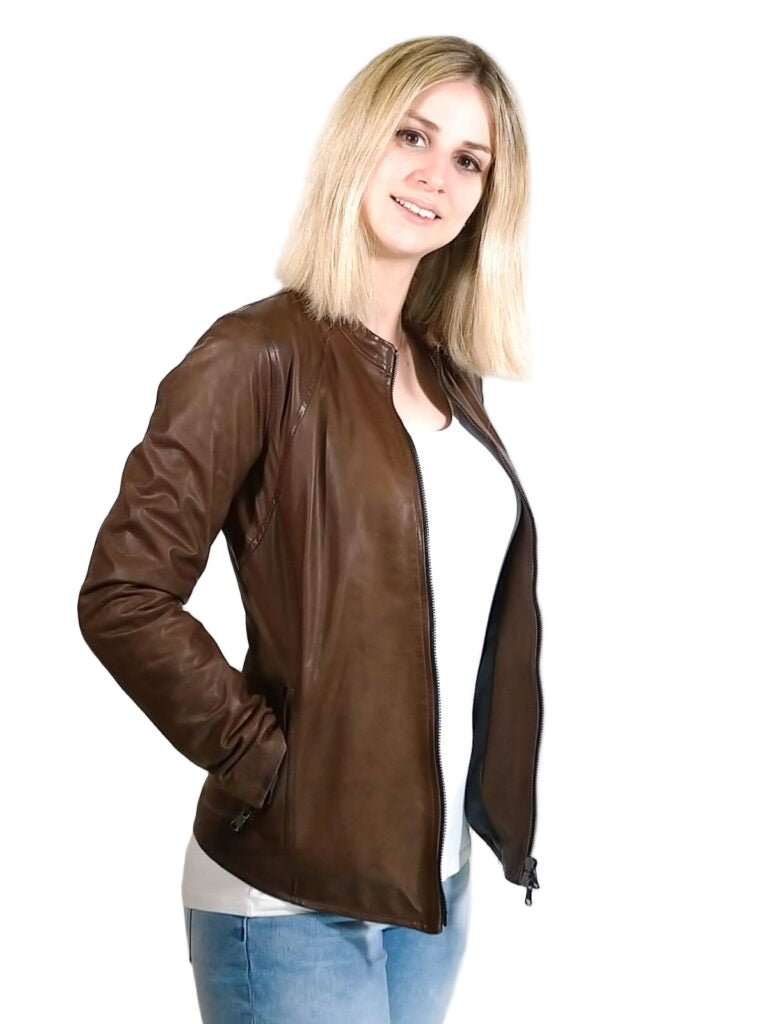 Giacca in pelle donna tamponata a mano Pelletteria Allegrini Filippo ROMANA tuscany Testa di moro - Pelletteria Allegrini