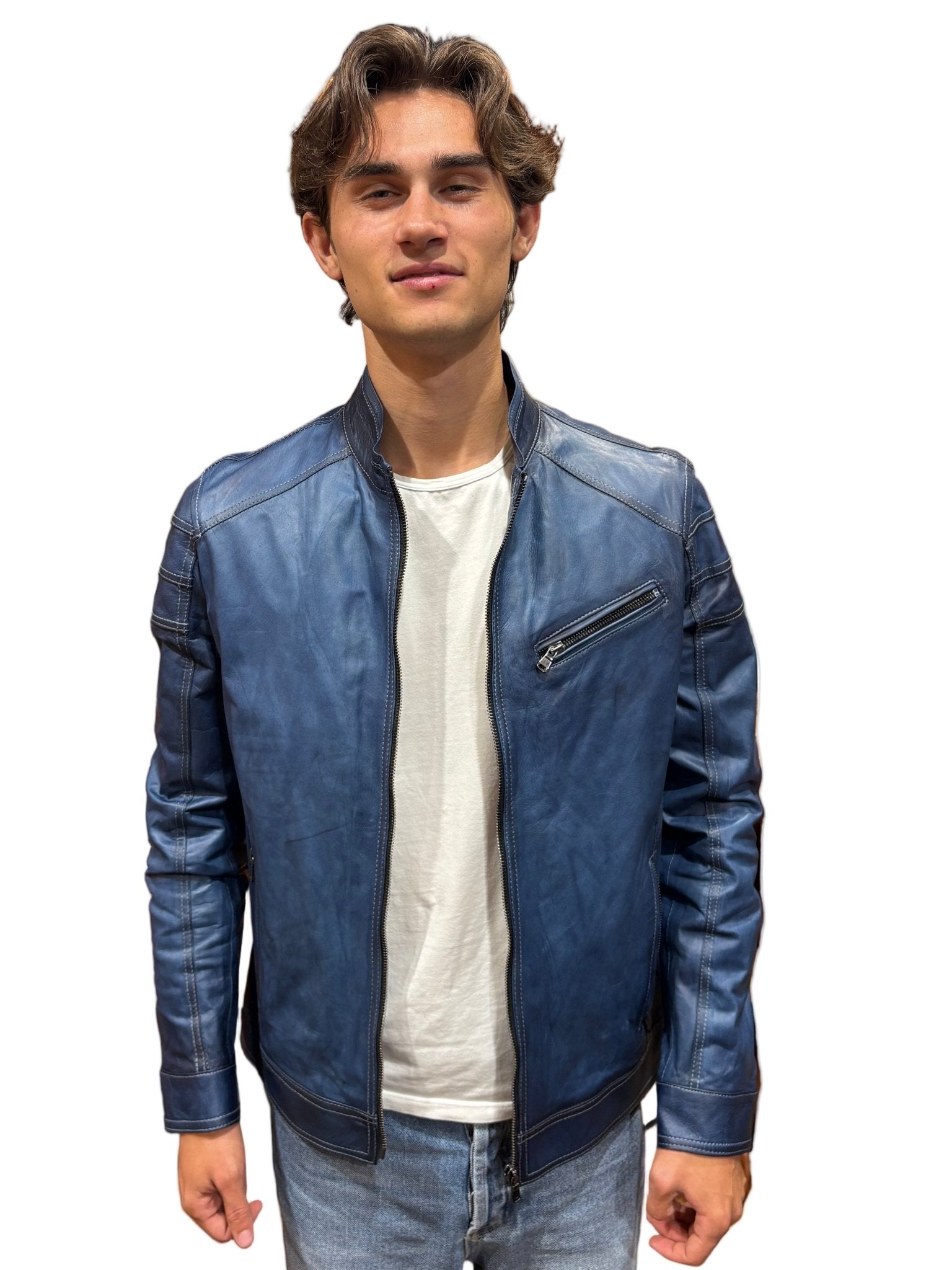 Giacca in pelle uomo tamponata a mano Pelletteria Allegrini Filippo PEGASO Tuscany Bluette - Pelletteria Allegrini
