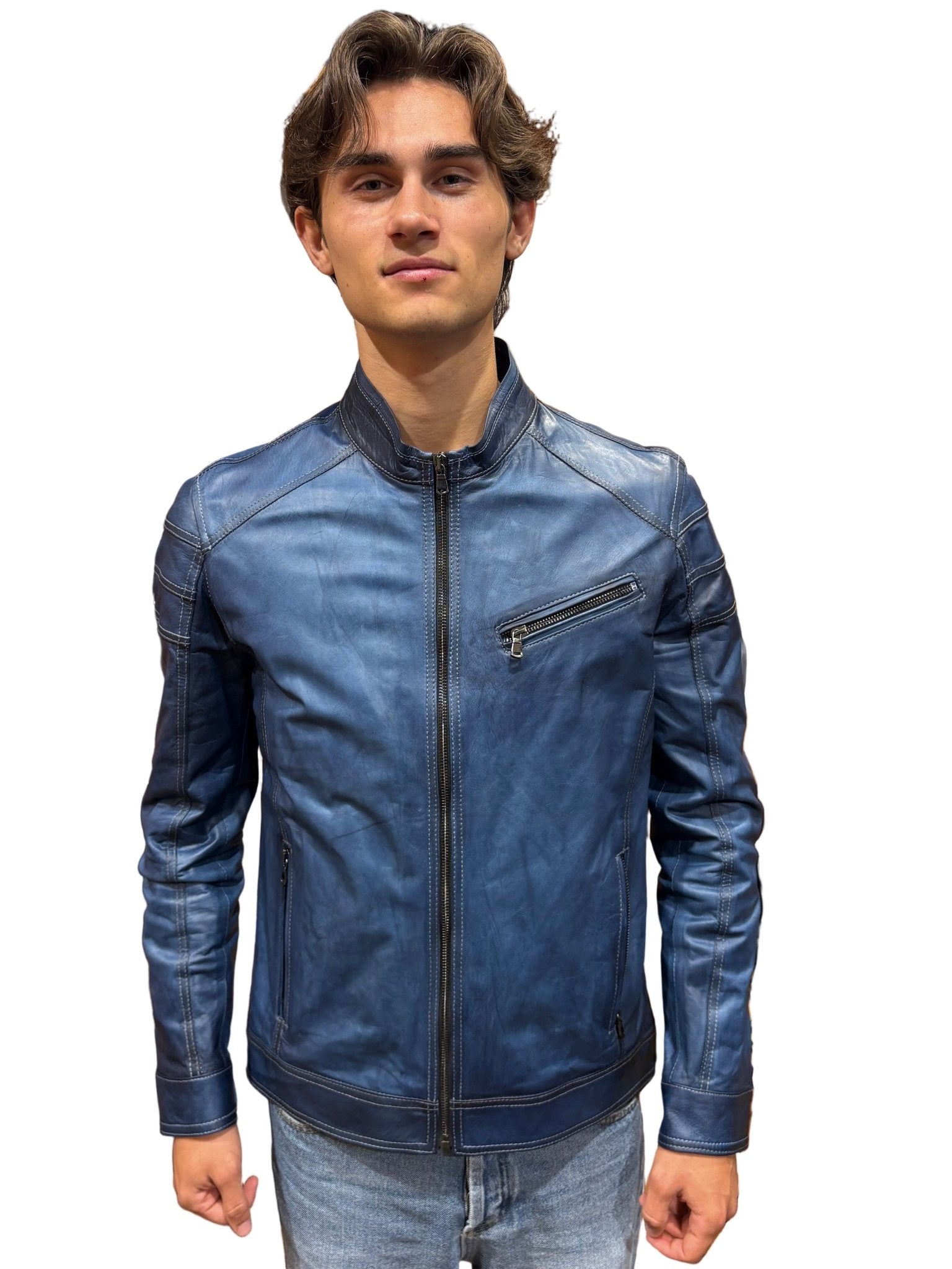 Giacca in pelle uomo tamponata a mano Pelletteria Allegrini Filippo PEGASO Tuscany Bluette - Pelletteria Allegrini