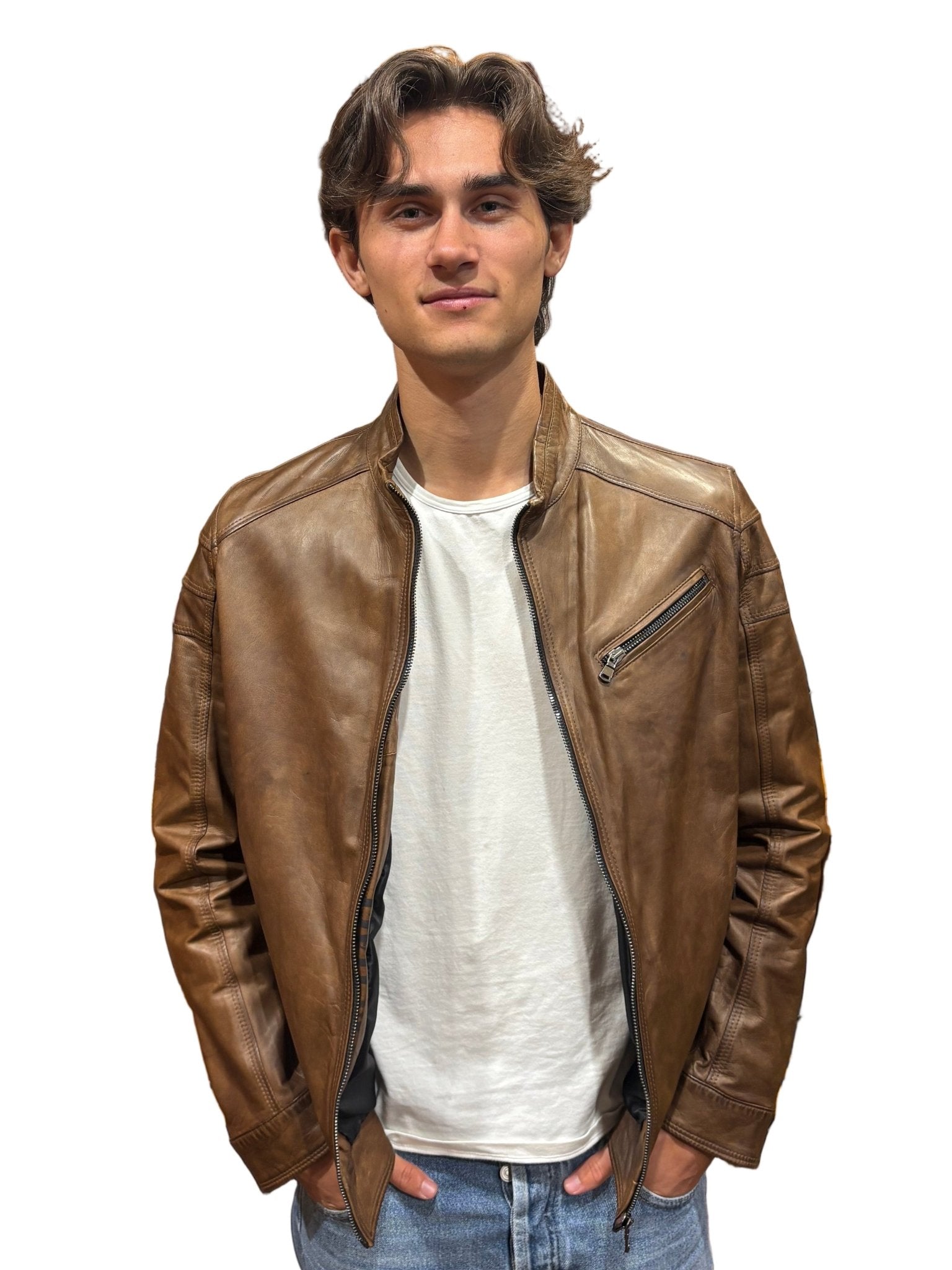 Giacca in pelle uomo tamponata a mano Pelletteria Allegrini Filippo PEGASO Tuscany Bruciato - Pelletteria Allegrini
