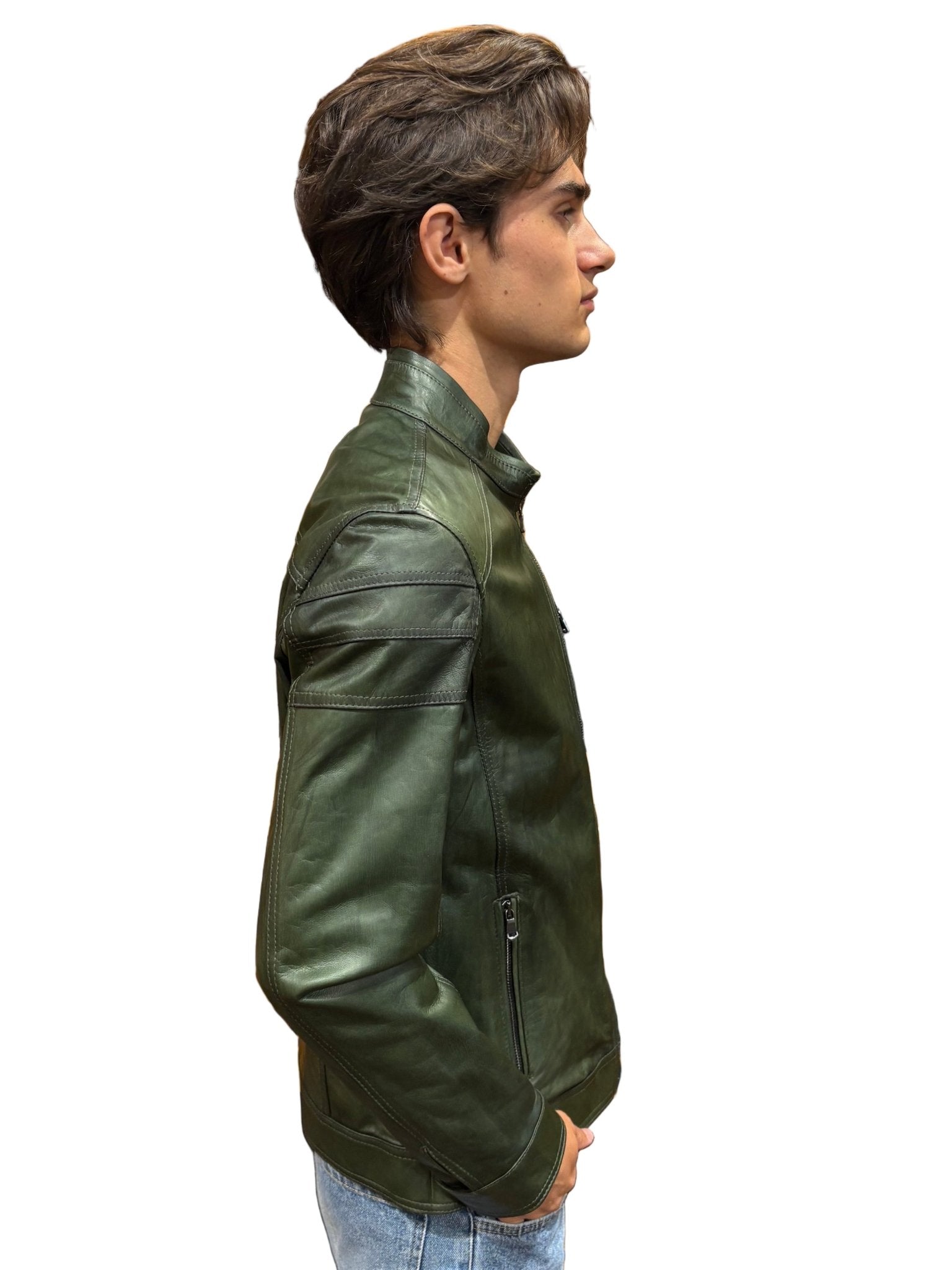 Giacca in pelle uomo tamponata a mano Pelletteria Allegrini Filippo PEGASO Tuscany Verde Militare - Pelletteria Allegrini