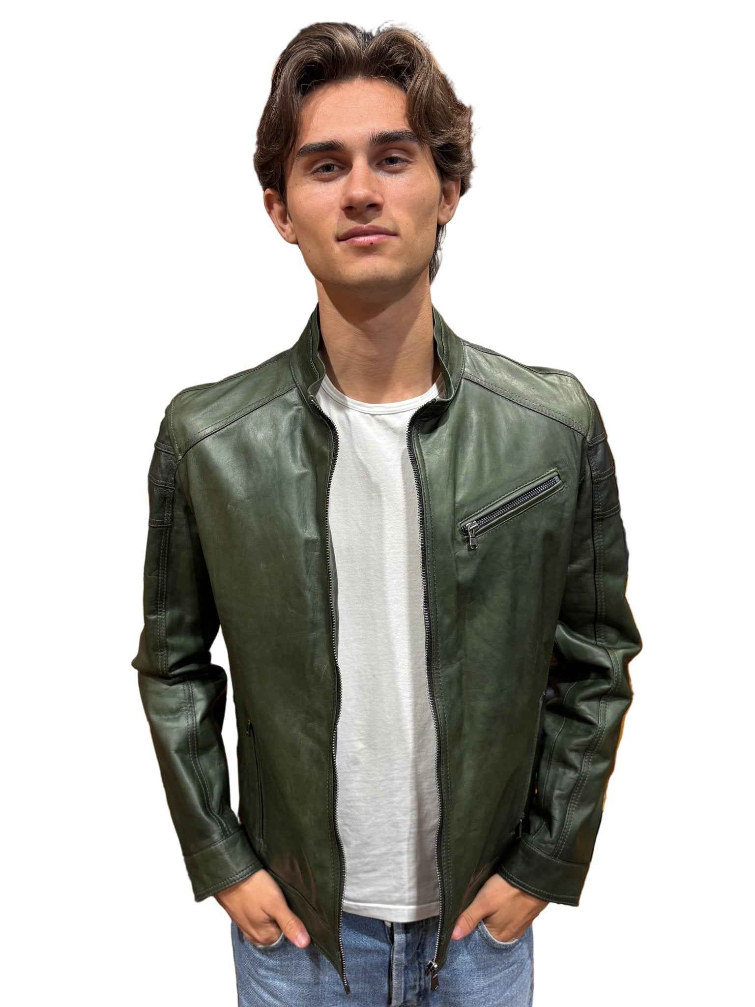 Giacca in pelle uomo tamponata a mano Pelletteria Allegrini Filippo PEGASO Tuscany Verde Militare - Pelletteria Allegrini