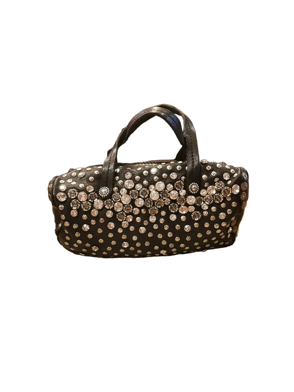 Piccola borsa, dalla forma a cuore, impreziosita da borchie, strass e fiori, nel classico di Campomaggi. Made in Italy