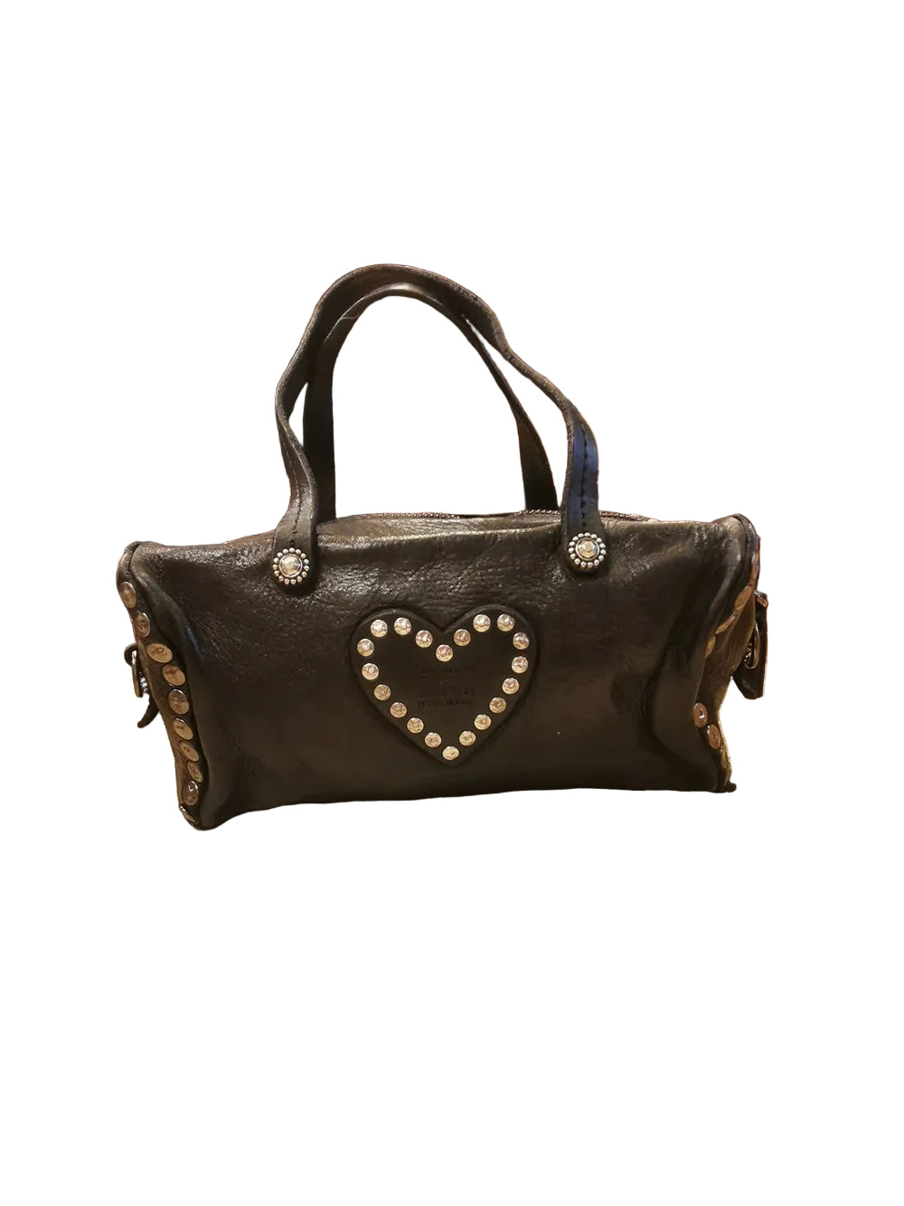 Piccola borsa, dalla forma a cuore, impreziosita da borchie, strass e fiori, nel classico di Campomaggi. Made in Italy
