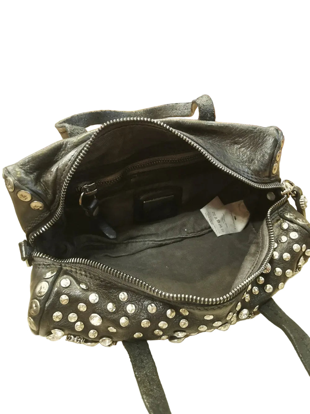 Piccola borsa, dalla forma a cuore, impreziosita da borchie, strass e fiori, nel classico di Campomaggi. Made in Italy