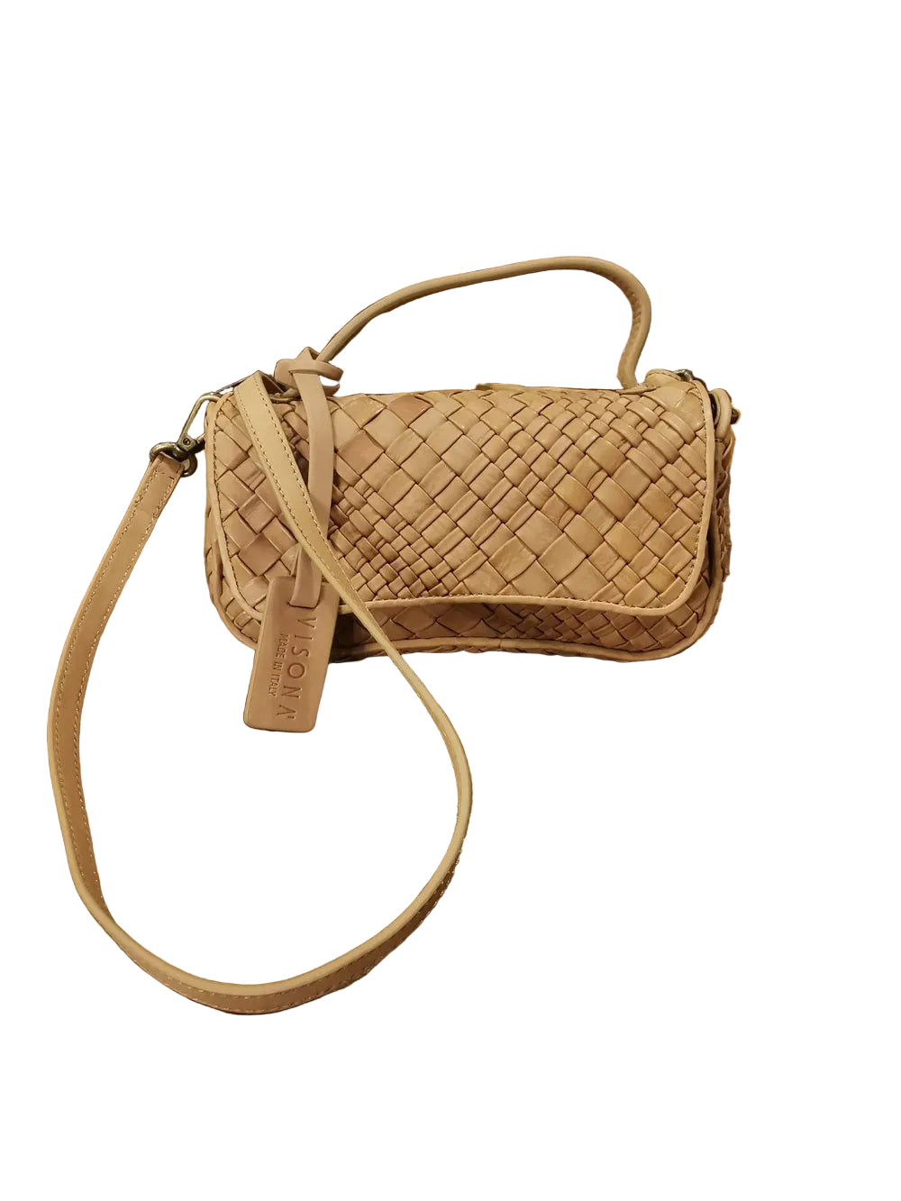 Pochette in pelle, realizzata con il classico intreccio di Visonà, con maniglia e tracolla.