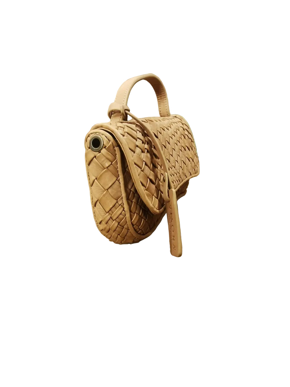 Pochette in pelle, realizzata con il classico intreccio di Visonà, con maniglia e tracolla.