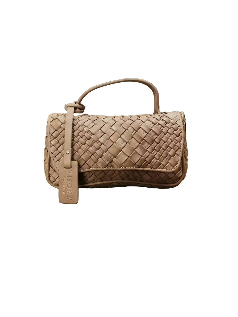 Pochette in pelle, realizzata con il classico intreccio di Visonà, con maniglia e tracolla. Made in Italy