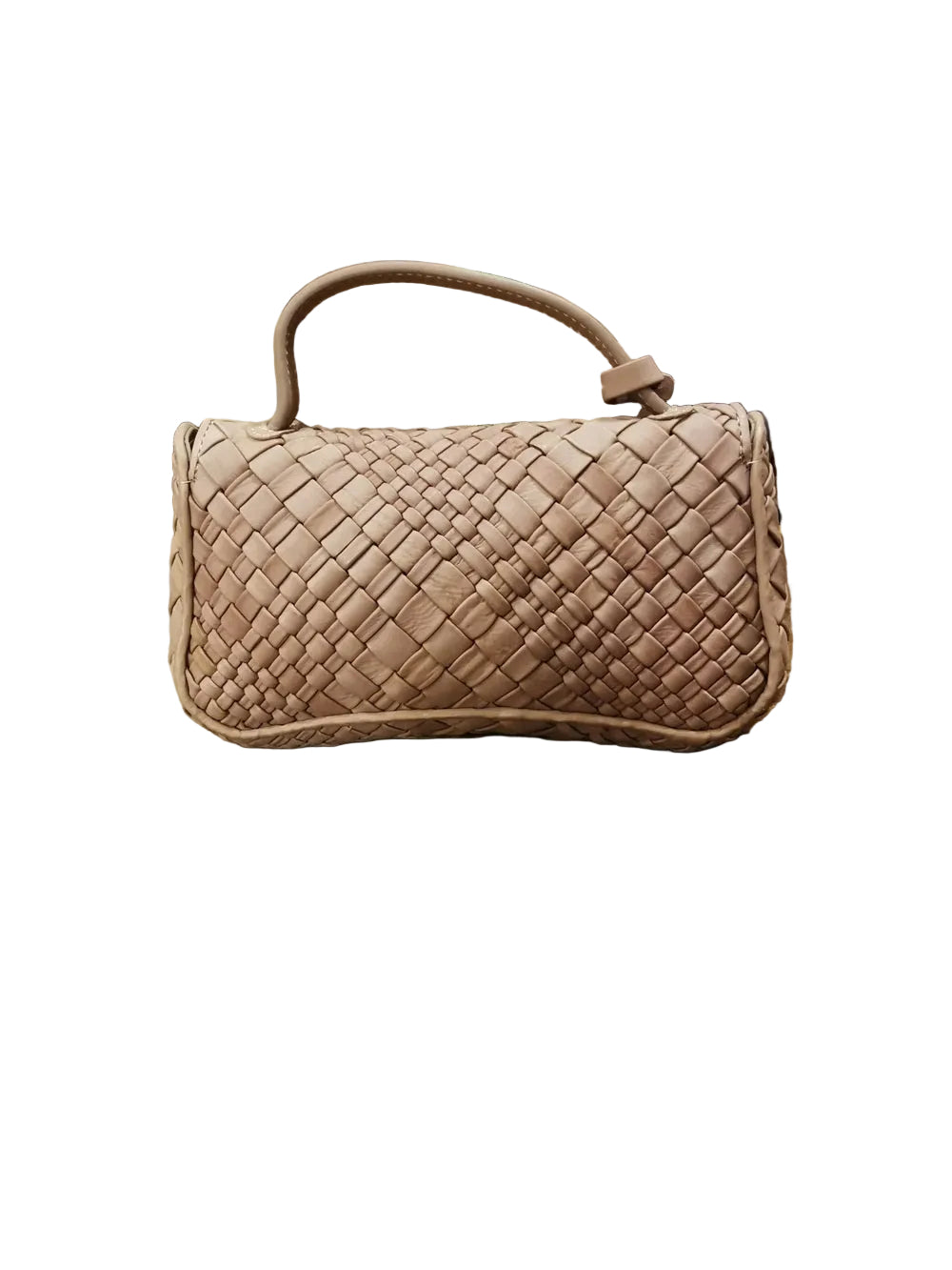 Pochette in pelle, realizzata con il classico intreccio di Visonà, con maniglia e tracolla. Made in Italy