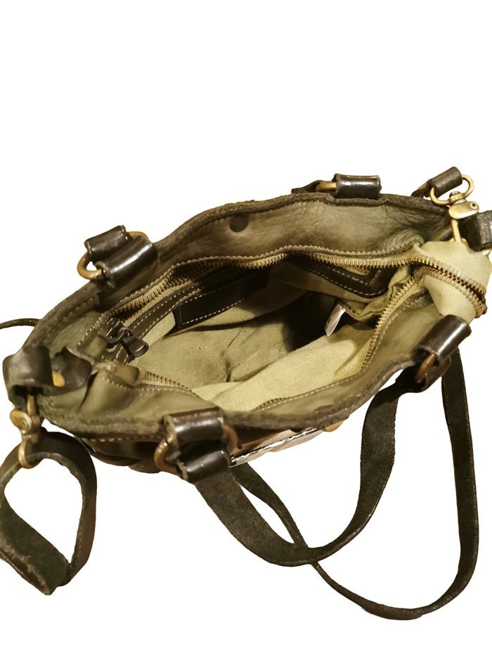 Tracollina con manici e borchie in pelle Pelletteria Allegrini Filippo 1598 Verde militare - Pelletteria Allegrini