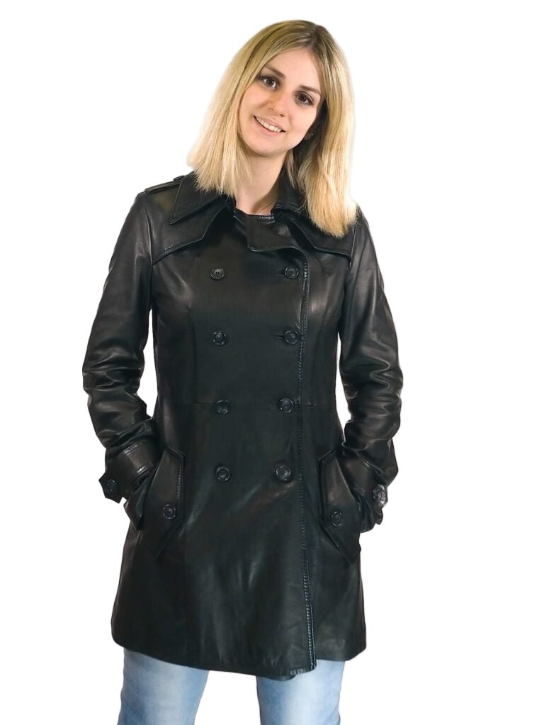 TRENCH donna in pelle Tuscany tamponato a mano Pelletteria Allegrini Filippo Nero - Pelletteria Allegrini