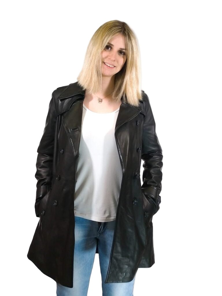 TRENCH donna in pelle Tuscany tamponato a mano Pelletteria Allegrini Filippo Nero - Pelletteria Allegrini