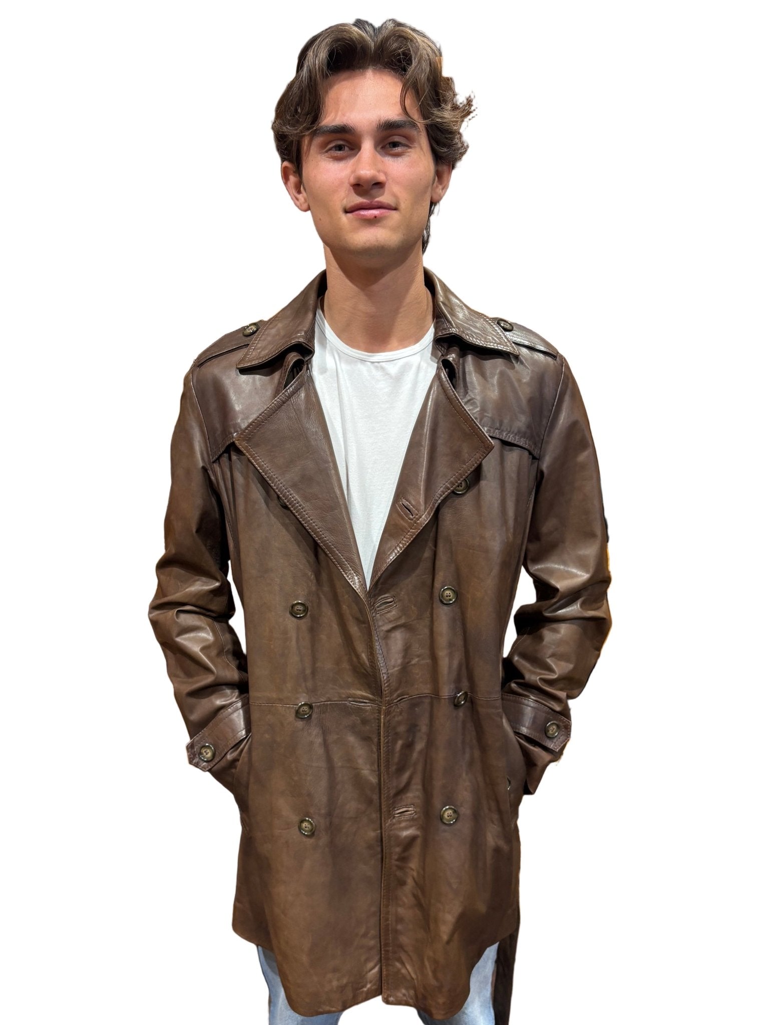 TRENCH uomo in pelle tamponato a mano Tuscany Pelletteria Allegrini Filippo Testa di moro - Pelletteria Allegrini