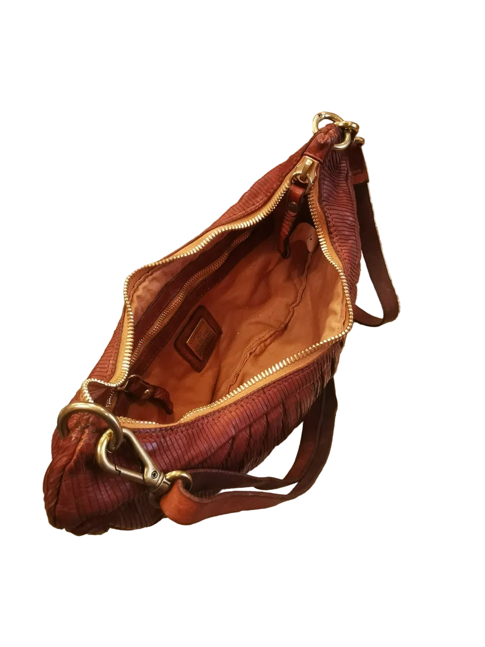 Borsa a forma di mezza luna, con una tracolla lunga e regolabile, e una piccola, entrambe staccabili e intercambiabili. Made in Italy