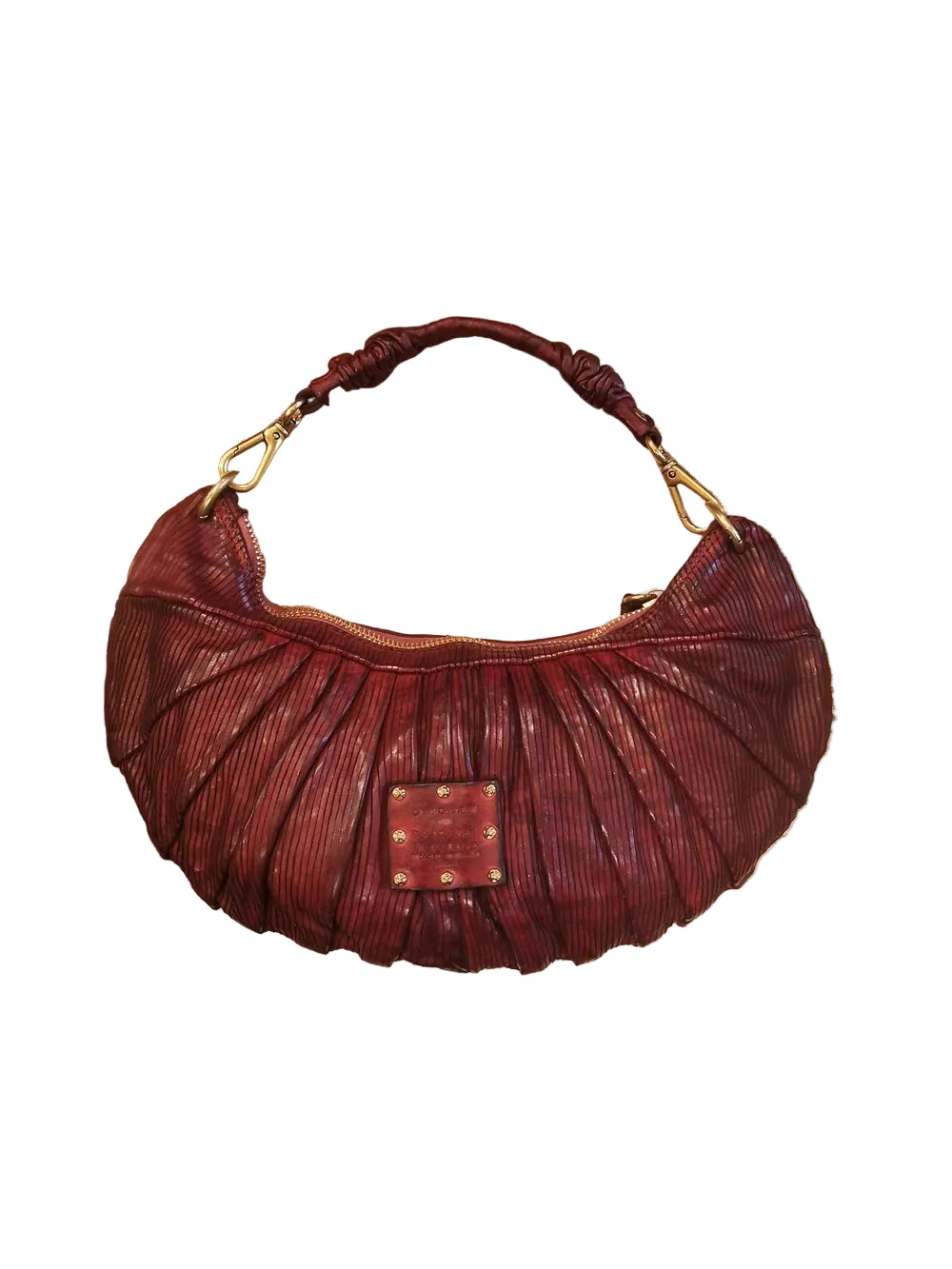 Borsa a forma di mezza luna, con una tracolla lunga e regolabile, e una piccola, entrambe staccabili e intercambiabili. Made in Italy