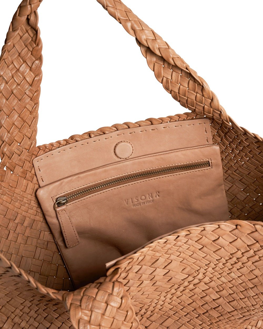 Borsa grande intrecciata in pelle Visonà 20317 Cognac - Pelletteria Allegrini