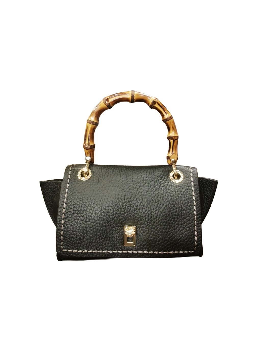 Borsa in pelle con manico bamboo Visonà 20149 nero - Pelletteria Allegrini