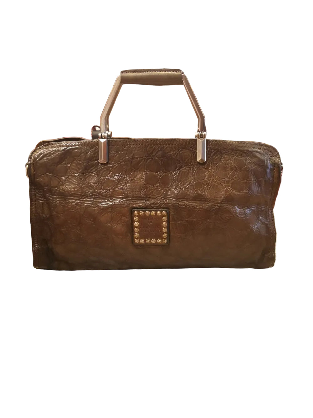 Borsa in pelle con effetto coccodrillo, con doppie maniche fisse in acciaio e tracolla regolabile e staccabile. Made in Italy
