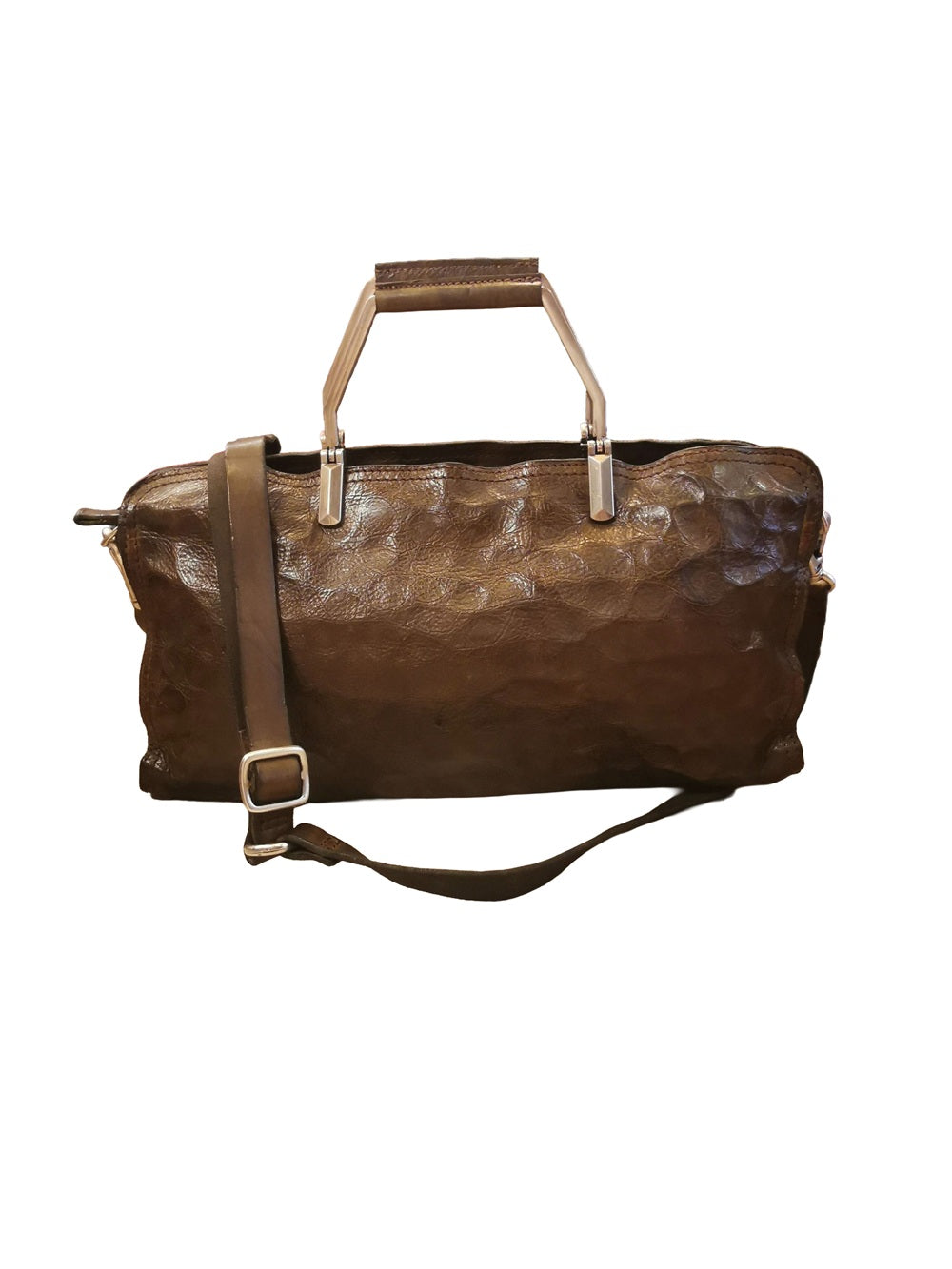 Borsa in pelle con effetto coccodrillo, con doppie maniche fisse in acciaio e tracolla regolabile e staccabile. Made in Italy
