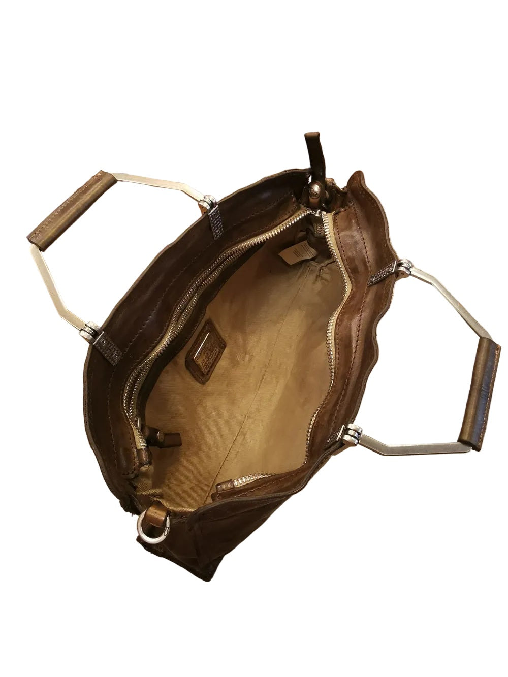 Borsa in pelle con effetto coccodrillo, con doppie maniche fisse in acciaio e tracolla regolabile e staccabile. Made in Italy