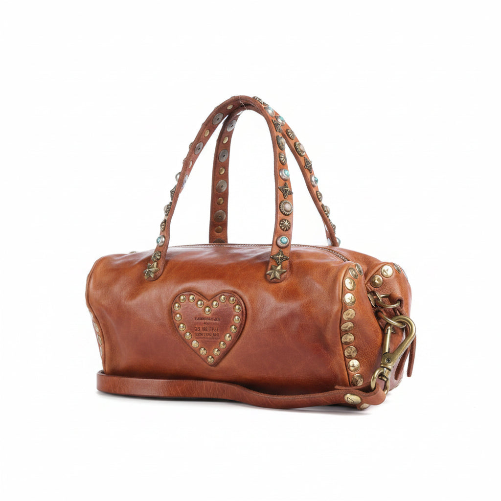 Small heart-shaped bag with stones and studs Campomaggi C045110ND-X3159 Cognac