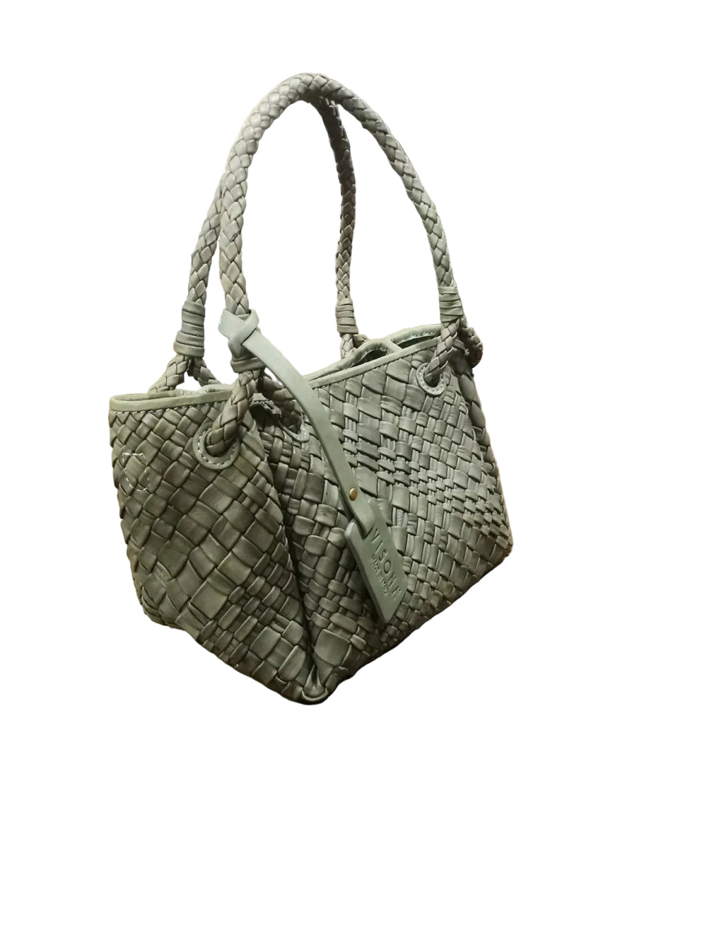 Borsa piccola, in pelle, realizzata con il classico intreccio di Visonà. Con doppie maniglie e tracolla staccabile e regolabile. Made in Italy